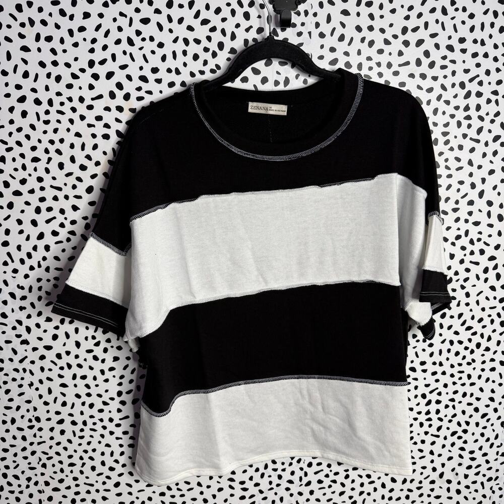 French Terry Color Block Exposed Seam Top Black White